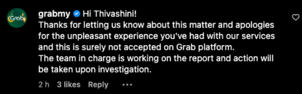 Screenshot of the comment posted by Grab under Thivashini's post.