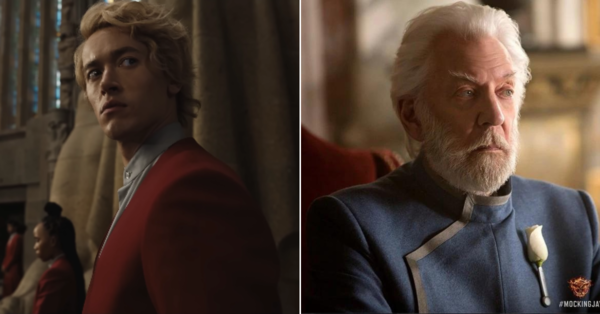 Tom Blyth (left) and Donald Sutherland (right) who both portray different ages of President Snow.