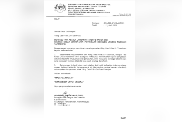 Surat edaran daripada Suruhanjaya Perkhidmatan Awam (SPA) pada 7 April.