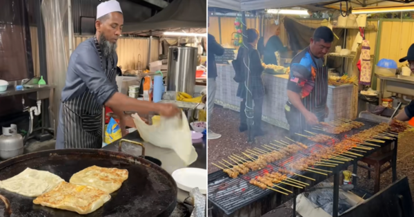 The roti canai stall (left) and the grilled satay stall (right) at the hawker centre.