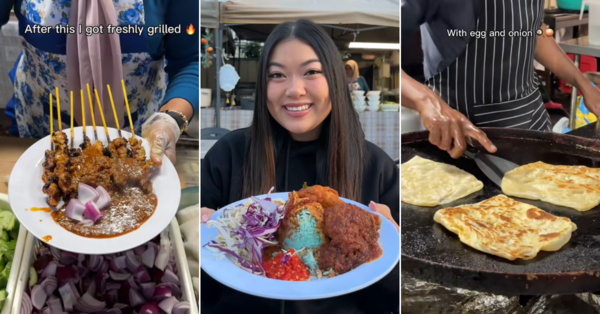 Huynh trying satay (left), nasi kerabu (middle), and roti telur bawang (right).