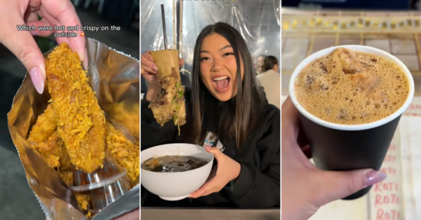 Huynh trying the fried banana fritters (left), beef noodle soup (middle), and teh ais (right).