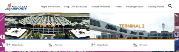 Screenshot of KLIA Terminal 1 and Terminal 2 on the Malaysia Airports official website.