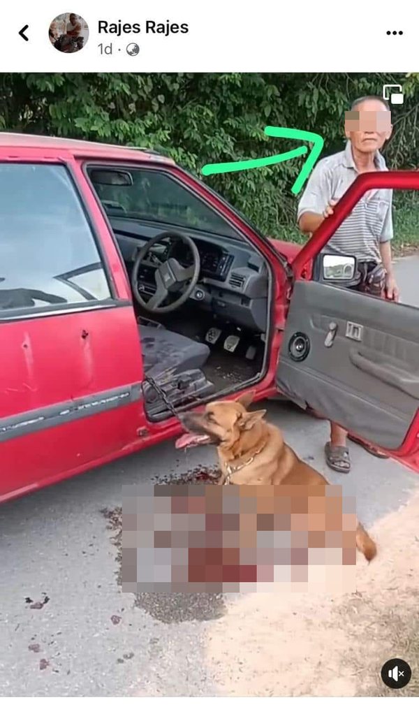 A screenshot of a video that shows the suspect standing beside his car with a dog chained to it.