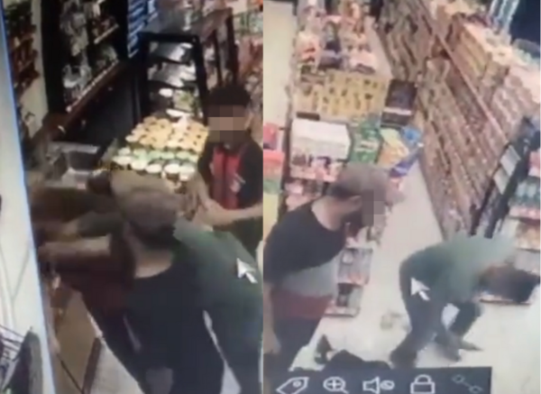 CCTV footage of the incident showing the suspects walking back into the store, with one of them punching the victim.