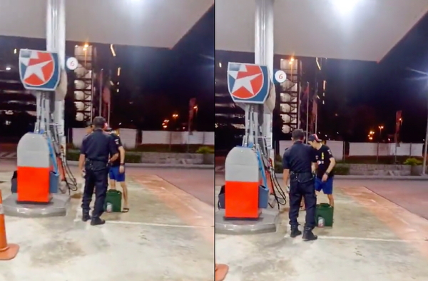 Screenshot collage shows one of the auxiliary officers speaking to one of the Singaporean duo while he fills up a barrel at the pump.