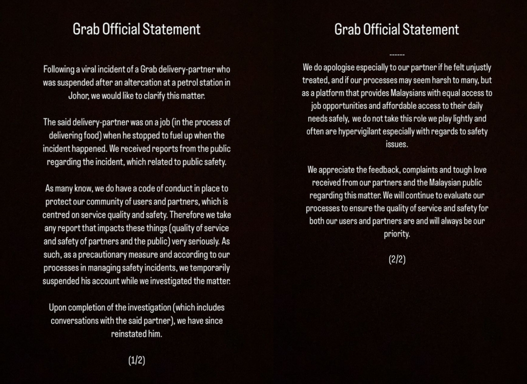 Grab's official statement regarding the incident.