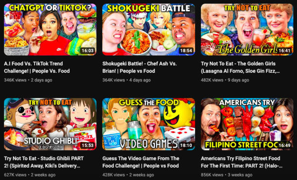 Some of the videos on the People Vs Food YouTube channel.