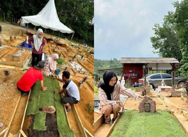 Intan's family decorating her late father's grave.