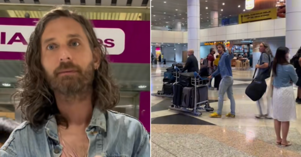 (Left) Valensi speaking to fans and (right) Hammond leaving KLIA while waving and apologising to fans.
