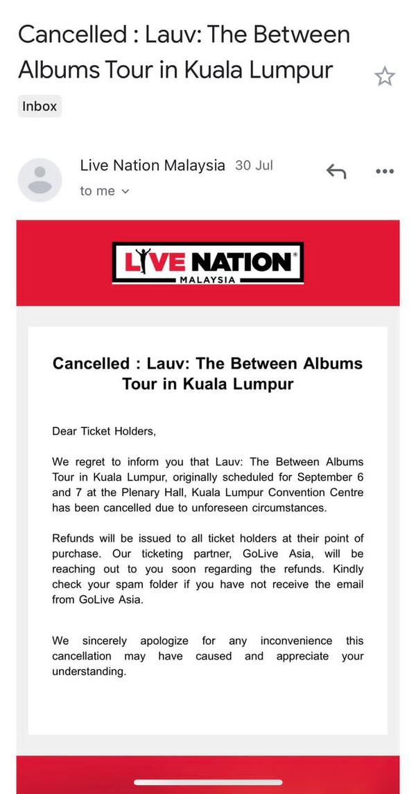 The email by Live Nation to ticket purchasers.