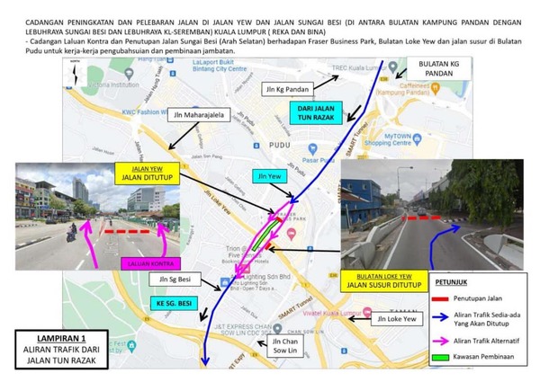 Coming from the Kampung Pandan Roundabout (dark blue, which will be closed) and the new diversion created towards Sungai Besi and Petaling Jaya (pink).