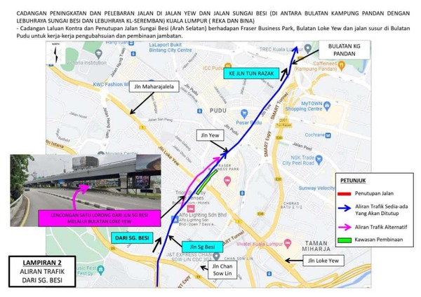 Left diversion (pink) for those coming from Sungai Besi or Petaling Jaya to the Kampung Pandan Roundabout.