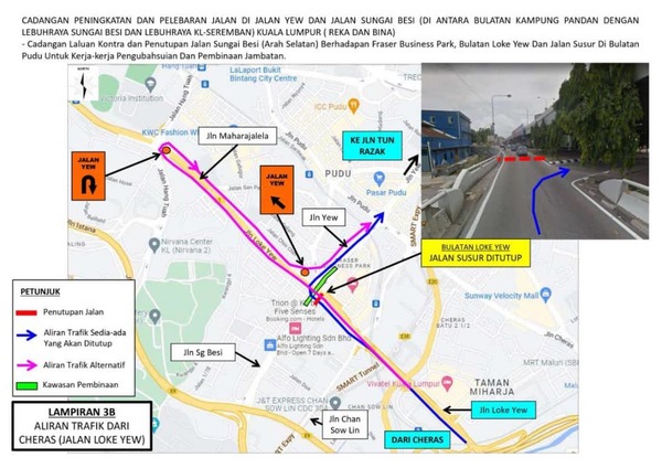 Route towards the U-turn at Jalan Maharajalela and subsequent turn off to Jalan Yew (pink) for those coming from Cheras.