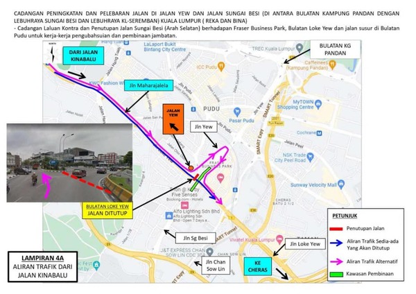 Diversion to Jalan Yew headed towards the Pudu Roundabout, and subsequently towards Jalan Loke Yew from Jalan Kinabalu (pink).