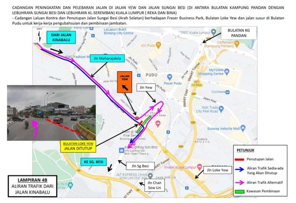 Diversion to Jalan Yew headed towards the Pudu Roundabout, and subsequently towards Jalan Sungai Besi from Jalan Kinabalu (pink).