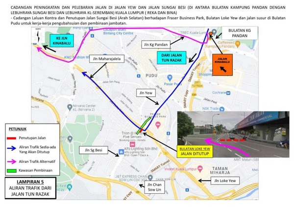 Route (pink) from the Kampung Pandan Roundabout to Jalan Kinabalu via Jalan Kampung Pandan, Jalan Imbi, and Jalan Hang Tuah.