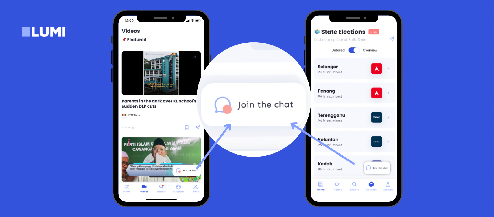 Chat feature on the Videos tab (left) and Elections tab (right) in the Lumi News app.