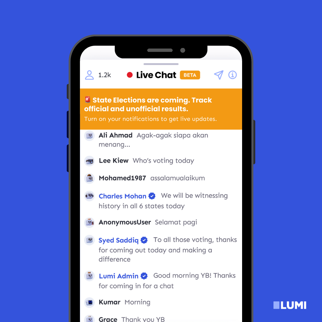 Chat feature hosting multiple verified profiles on the Lumi News app.