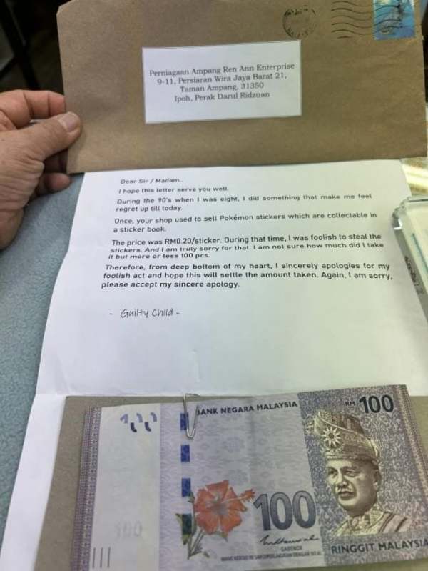 The apology letter and money sent to the pharmacy.