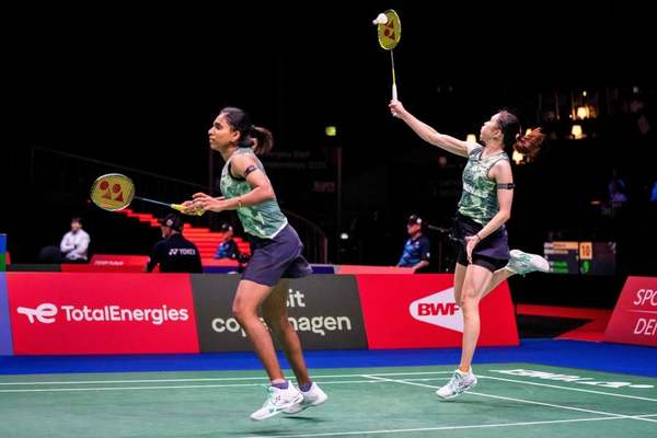 Pearly and Thinaah play against Japan's Mayu Matsumoto and Wakana Nagahara during their second-round women's doubles match at the BWF Badminton World Championship in Copenhagen, Denmark.