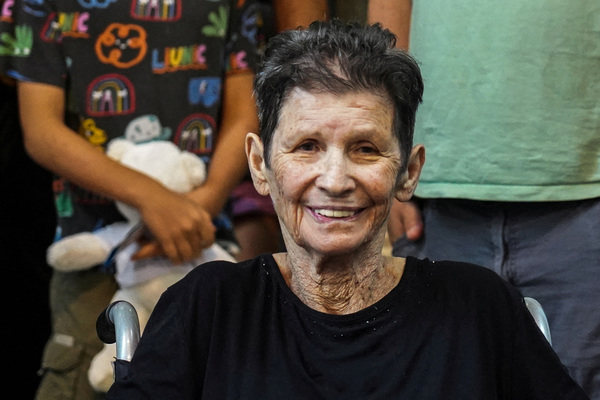 Yocheved Lifshitz smiles during the press conference at Ichilov Hospital in Tel Aviv.