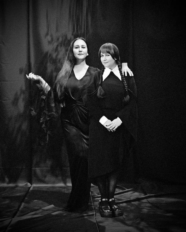 Sasha as Morticia and Wednesday Addams from 'The Addams Family'.