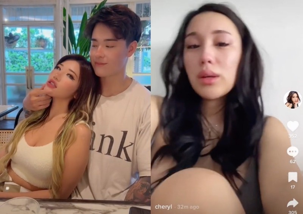 Screenshot photos of Ms Puiyi's steamy video content with Low (left), and Chin crying in a TikTok video after watching her husband's suggestive interaction with Ms Puiyi (right).