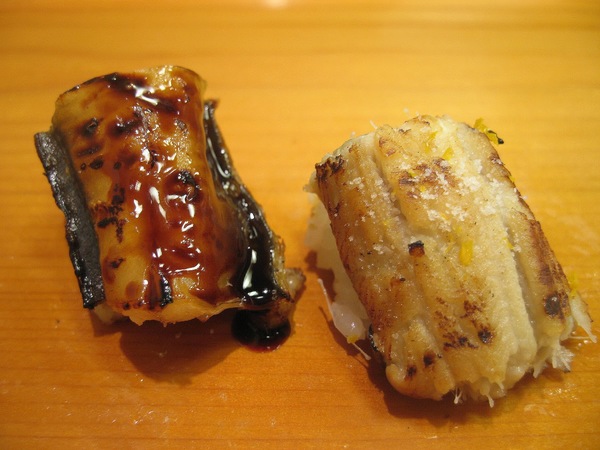 Unagi sushi (left) and anago nigiri sushi (right).