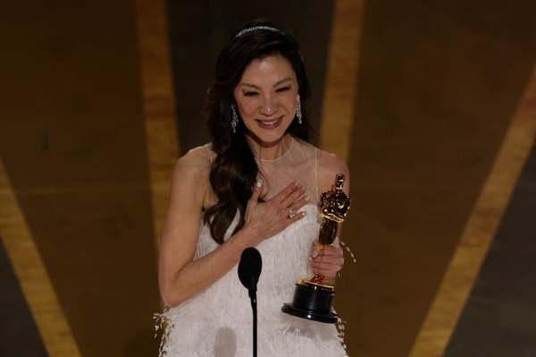 Michelle Yeoh wins the Oscar for Best Actress for 'Everything Everywhere All at Once' during the Oscars show at the 95th Academy Awards in Hollywood, Los Angeles, California.