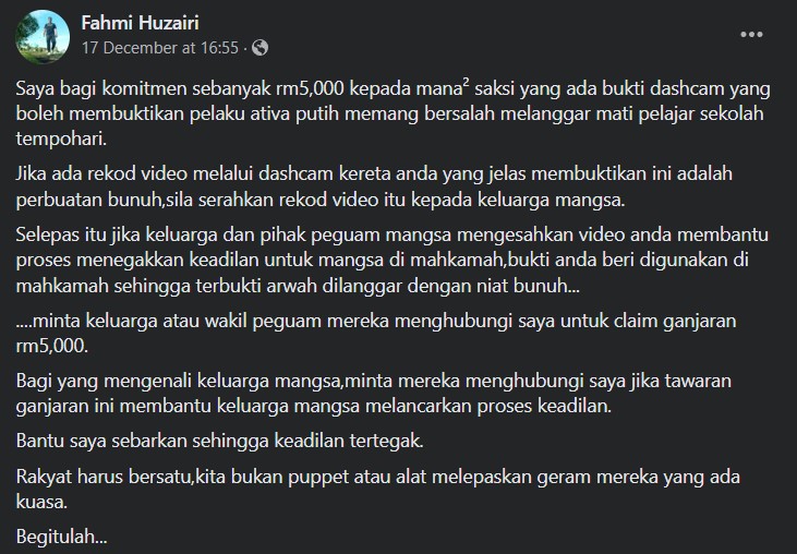 Lelaki Tawar Rm Kepada Yang Ada Bukti Dashcam Pelajar Dilanggar