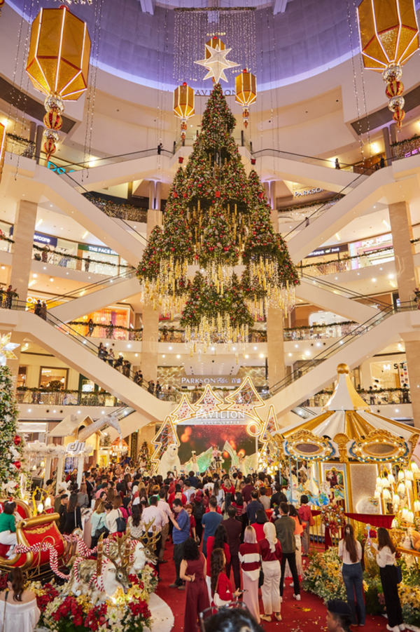 This year's festive decorations at Pavilion Kuala Lumpur include several Christmas trees suspended from the ceiling.