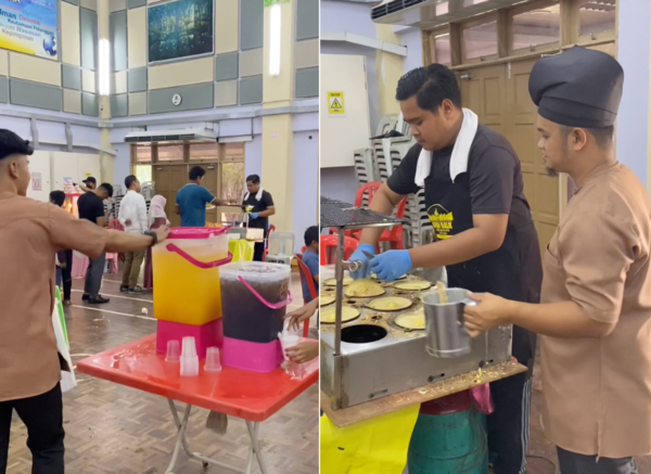 The bride's family members preparing food and beverages for guests.