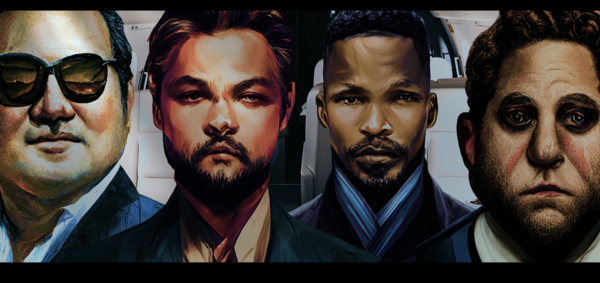 From left to right: An AI-generated image of Jho Low, Leonardo DiCaprio, Jamie Foxx, and Jonah Hill.