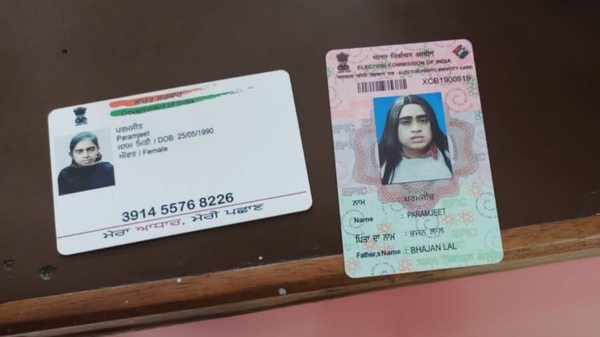 Photo of the fake voter ID card and the fake Aadhaar card, the world's largest biometric ID system, with Angrez Singh's shaven and make up-laden disguise.