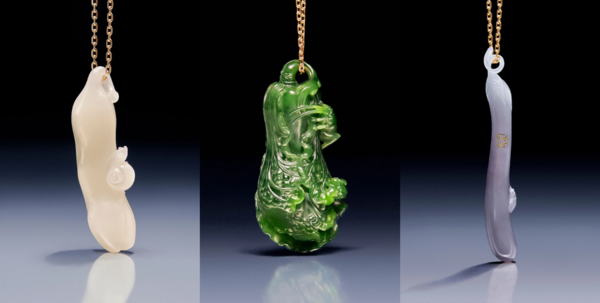 Handcrafted jade pendants mounted on 18ct gold chains. From left to right: pea pod, cabbage, and eggplant - RM66,500