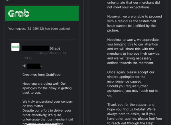 Grab's response to the customer's complaint.