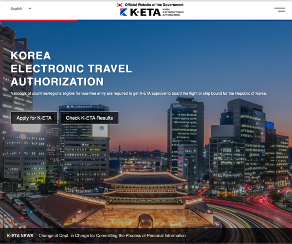 The homepage of the official Korea Electronic Travel Authorization (K-ETA) website.