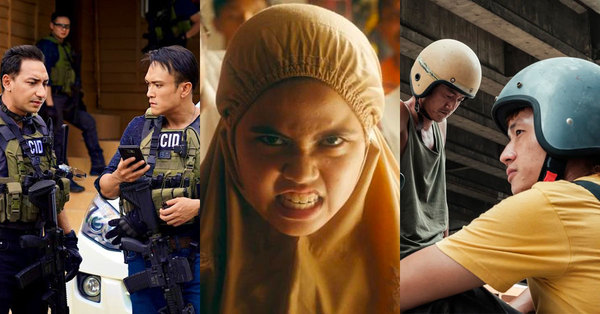 Screenshots from the movies 'Polis Evo 3', 'Tiger Stripes', and 'Abang Adik'.
