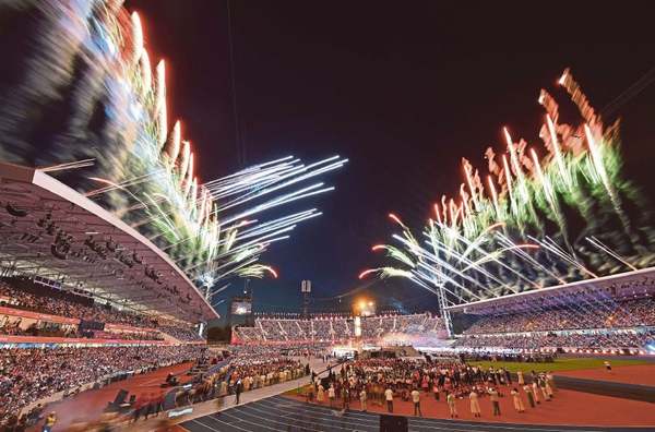 Fireworks erupt during the closing ceremony at the 2022 Commonwealth Games in Birmingham, England.