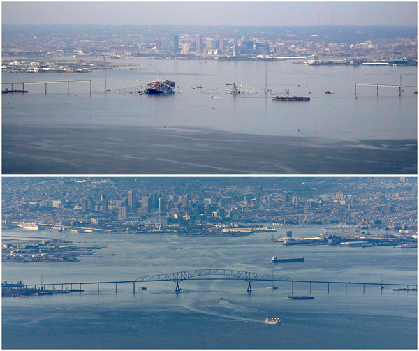 Combination picture showing the Dali cargo vessel which crashed into the Francis Scott Key Bridge on 26 March (top) and a ship sailing under the same bridge on 24 March.