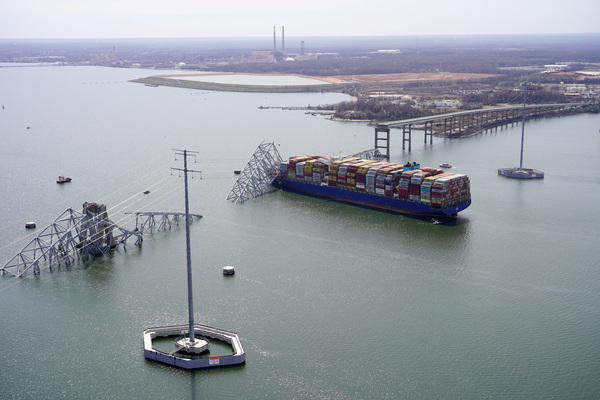 Aerial view of the Dali cargo vessel which crashed into the Francis Scott Key Bridge.