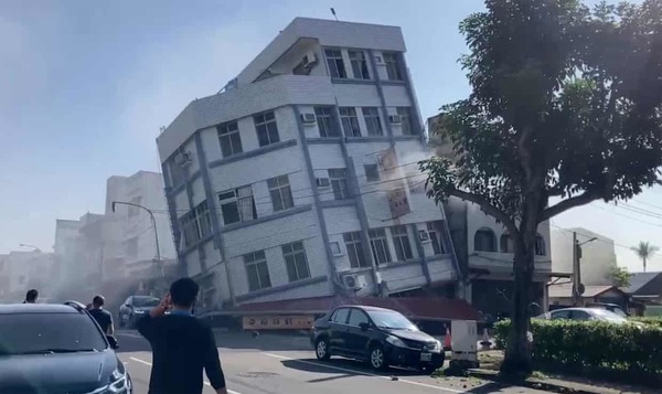 A partially collapsed building is seen in Hualien, Taiwan this morning.