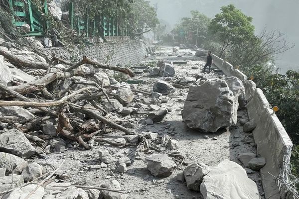 Debris across a road caused by the earthquake in Hualien.