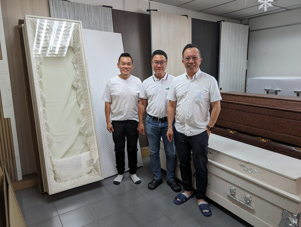 From left to right: Eco Casket Manufacturer Malaysia's chief marketing officer Jim Loo, as well as its co-founders Richard Tan and Jonn Ong.