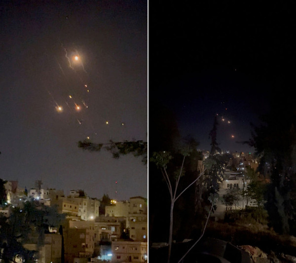 Objects are seen in the sky over Amman after Iran launched drones towards Israel, in Amman, Jordan, on 14 April, in this screen grab obtained from a social media video.