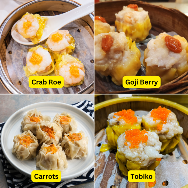 Types of toppings for siew mai, including crab roe, goji berry, carrots, and tobiko.