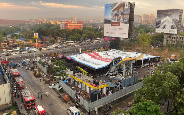 An aerial view shows the fallen billboard following a dust storm in Mumbai.