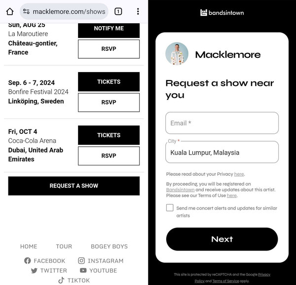 Steps 1 and 2 to request Macklemore to perform in Malaysia on his website.