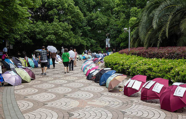 Umbrellas are used to display marriage ads at the Shanghai Marriage Market.